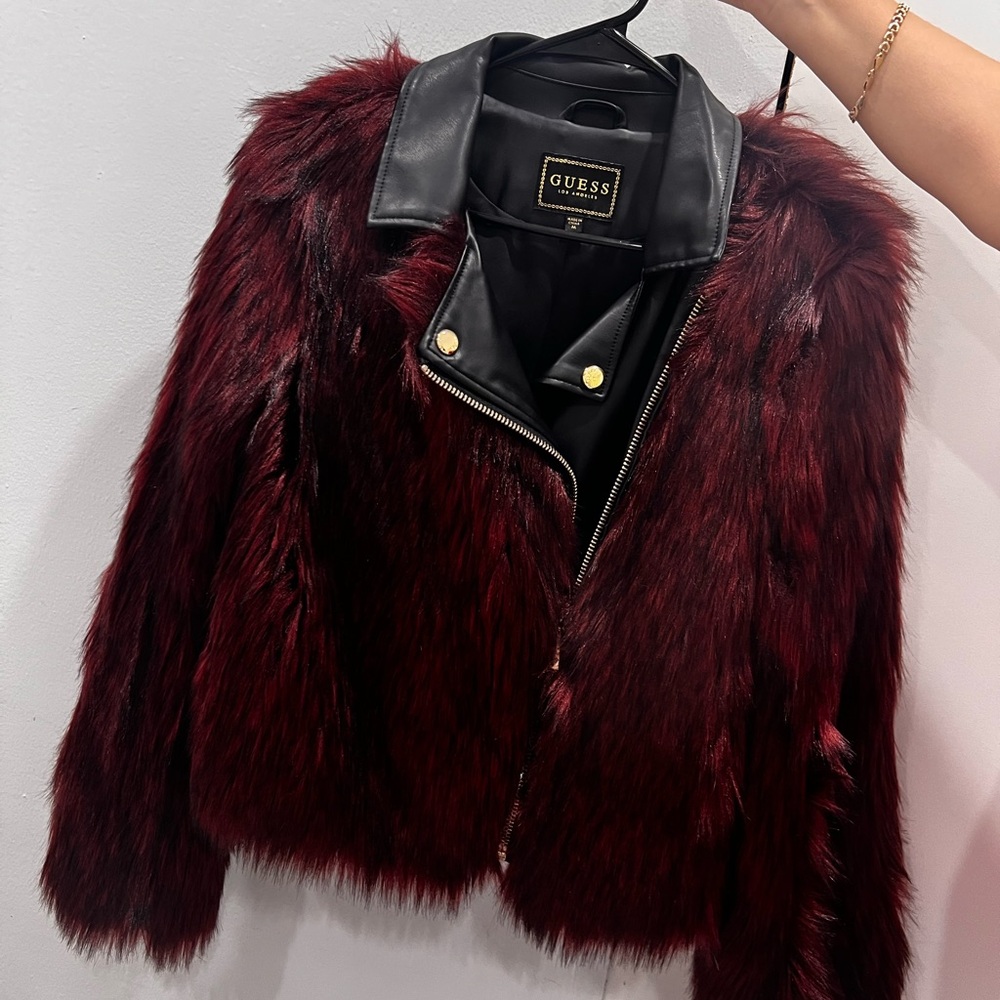 GUESS Women's Deep Red Faux Fur Jacket